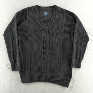 GAP Sweater Mens Medium Black V Neck Cable Knit Cotton Pullover Ribbed Trim‎